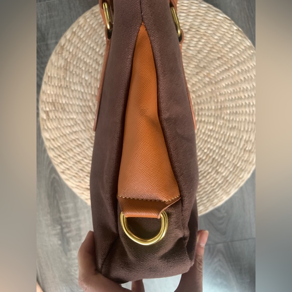 Brown canvas and camel vegan leather small tote bag - Picture 8 of 8